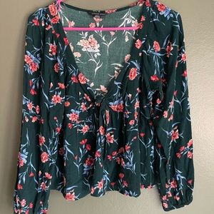 American Eagle Tie in Front Floral Long Sleeve Blouse. Emerald Green, Pink, Blue